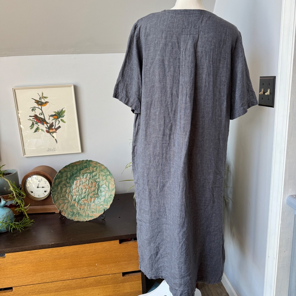 Nygardsanna Linen Dress XS Blue Gray Midi Casual Pockets Short Sleeve Lagenlook - Picture 3 of 8